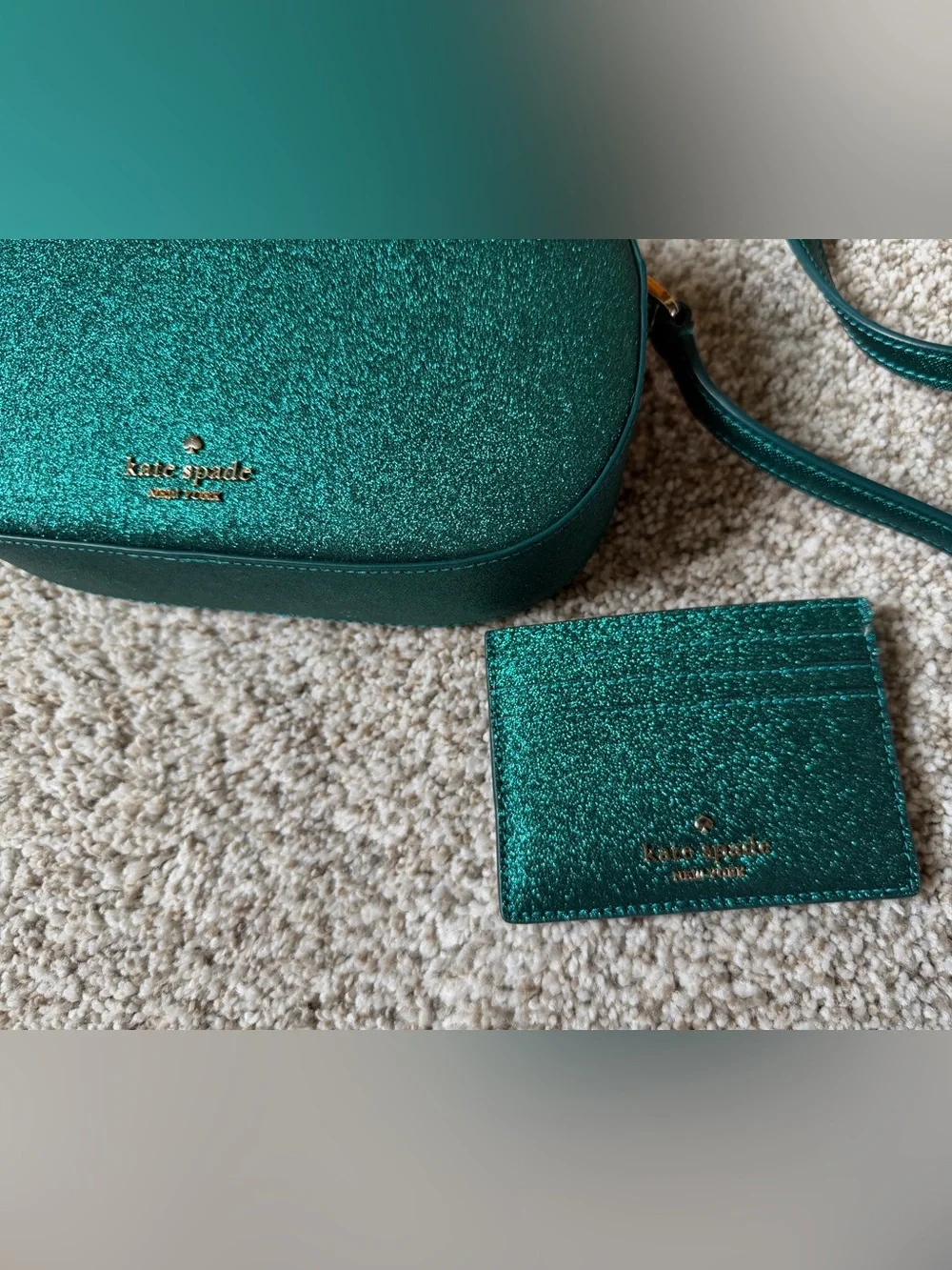Kate Spade New York green glitter crossbody bag and card holder set